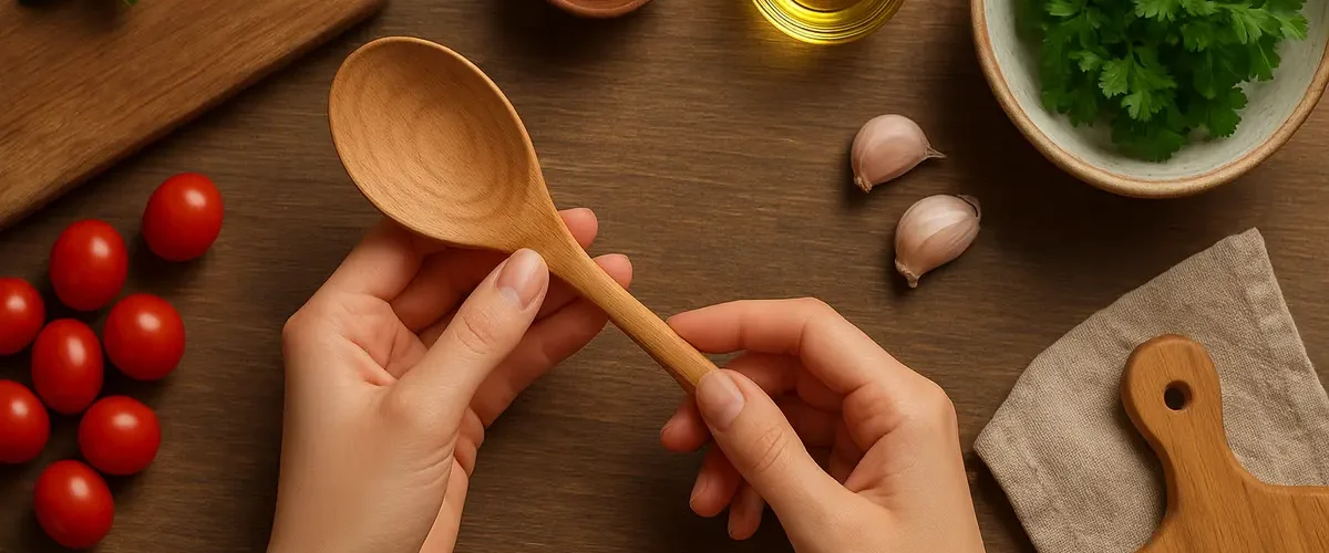 یک خانم خانه‌دار در حال پخت و پز با قاشق چوبی که بیانگر مزایای قاشق چوبی برای آشپزی است 