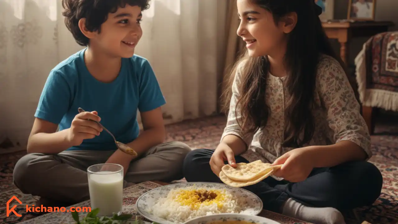 دو کودک ۸ و ۱۲ ساله ایرانی در حال ناهار خوردن