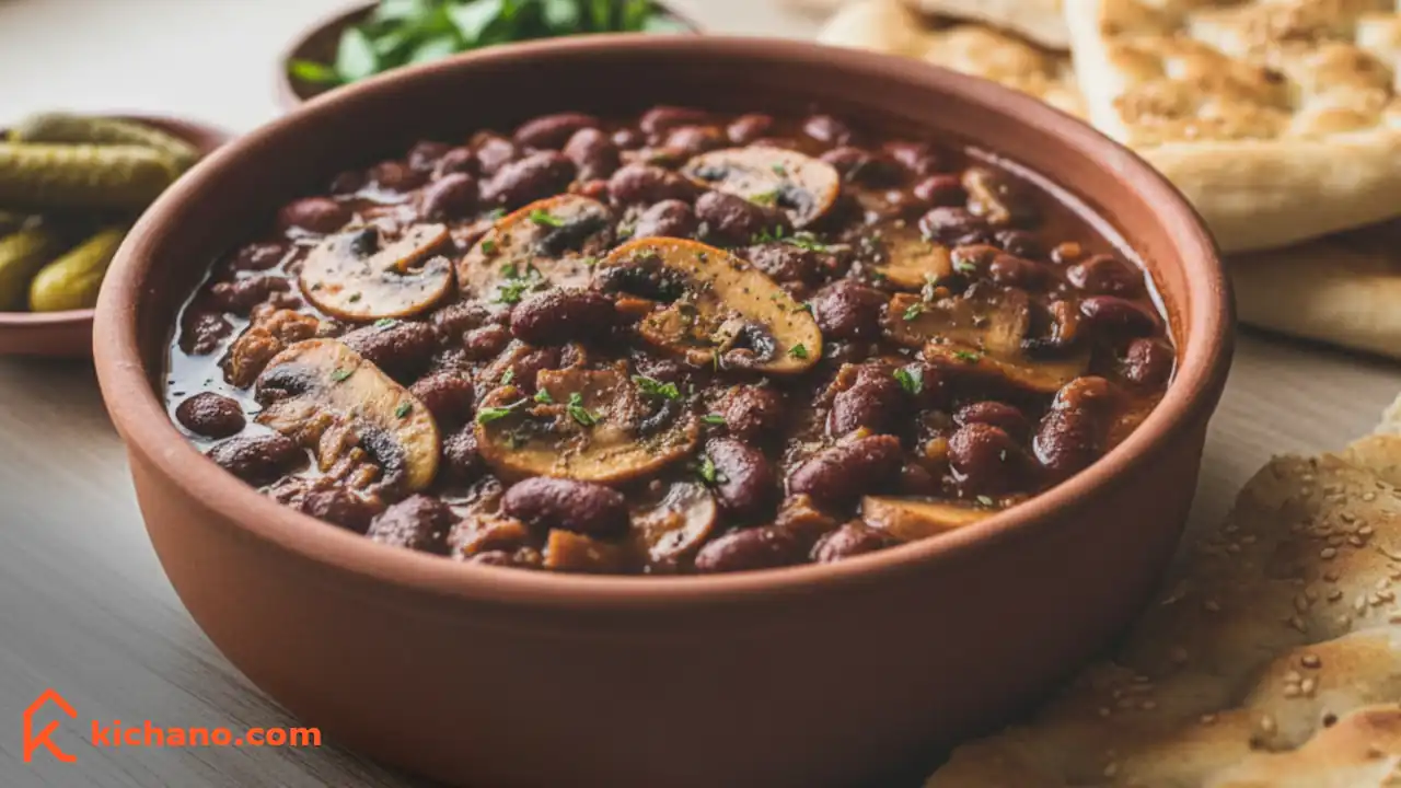 خوراک لوبیا و قارچ همراه با نان