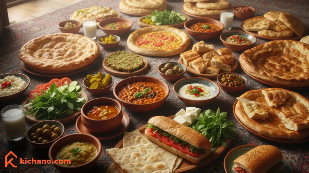 یک سفره ایرانی رنگارنگ پر از غذاهای نونی ساده برای ناهار