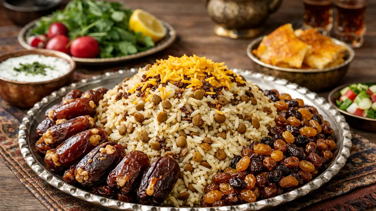 عدس پلو با کشمش و خرما