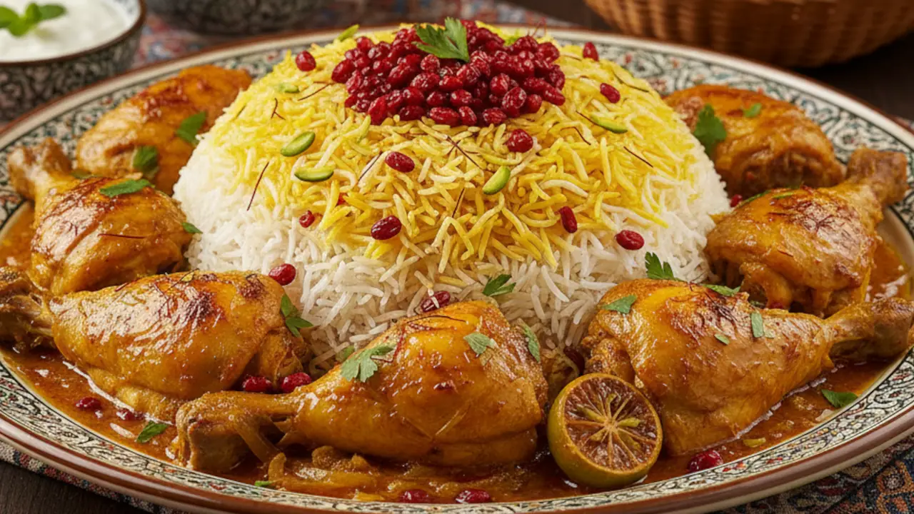 یک پرس برنج و مرغ ایرانی که به سبکی سنتی پخته شده است