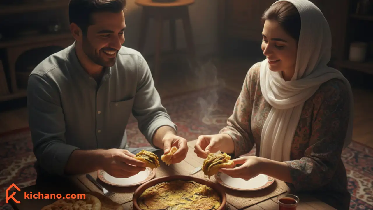 یک زن و شوهر ایرانی در حال خوردن املت بادمجان بهعنوان یک شام ساده نونی
