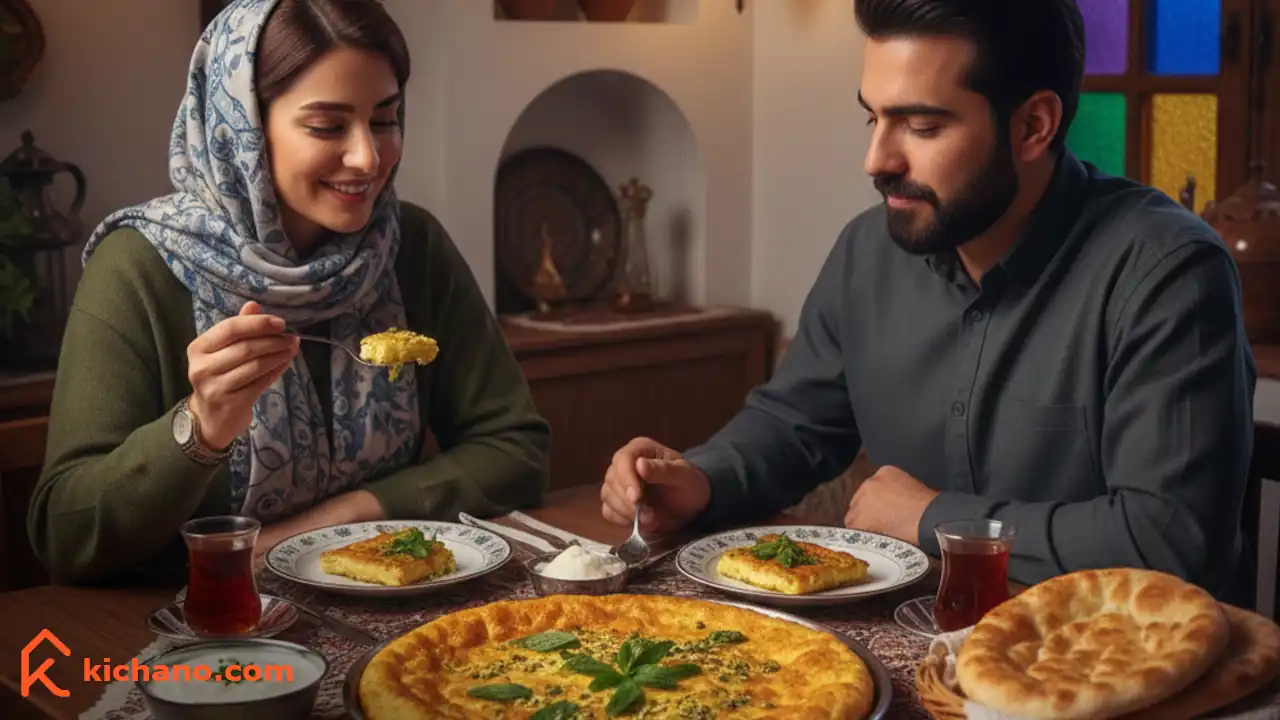 یک زن و مرد ایرانی در یک کافه رستوران سنتی در حال خوردن خاگینه ساده برای شام