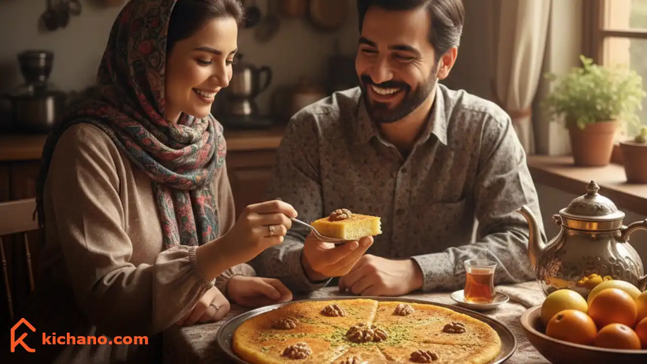 یک زن و شوهر ایرانی در آشپزخانه در حال خوردن خاگینه ساده برای شام