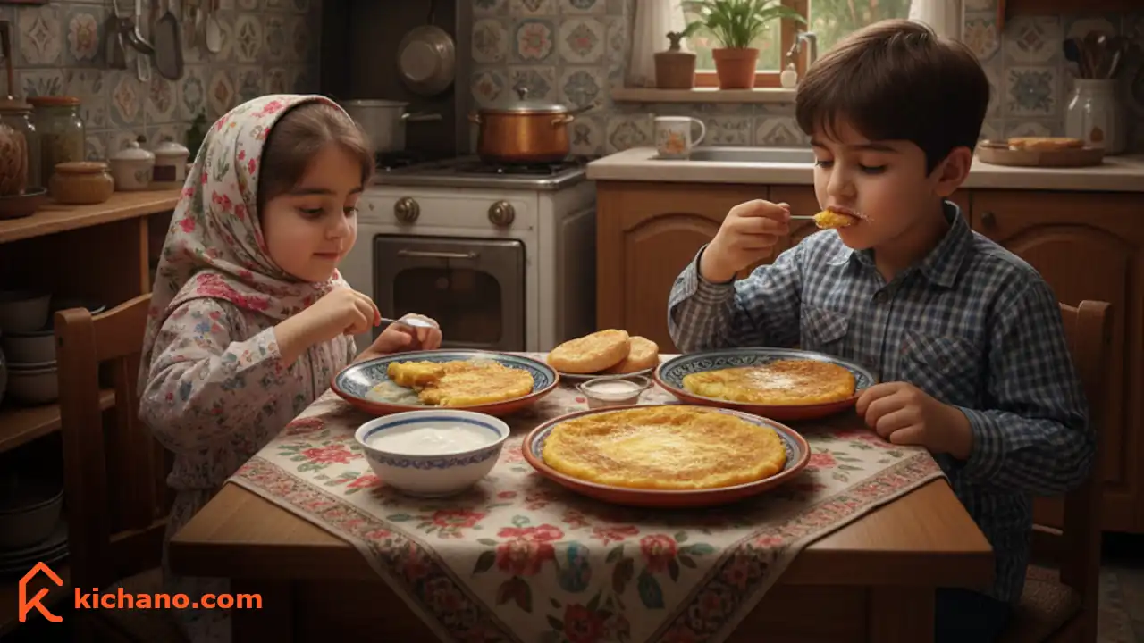 دو کودک ایرانی در یک آشپزخانه کوچک در حال خوردن خاگینه ساده برای شام