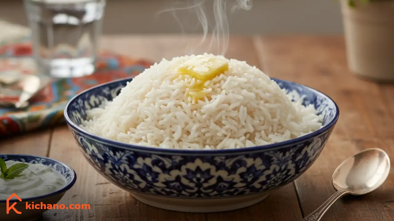 نمایی از کته ساده ایرانی به‌عنوان یک غذای ساده برنجی برای شام