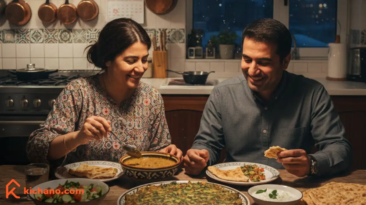 یک زن و شوهر ایرانی در آشپزخانه مشغول خوردن یک غذای ساده برای شام بدون گوشت