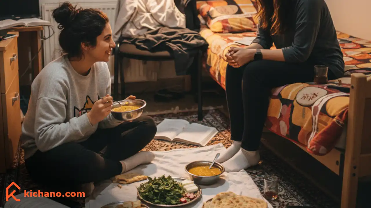 دو دختر دانشجوی ایرانی در یک خوابگاه مشغول خوردن غذای ساده برای شام بدون گوشت
