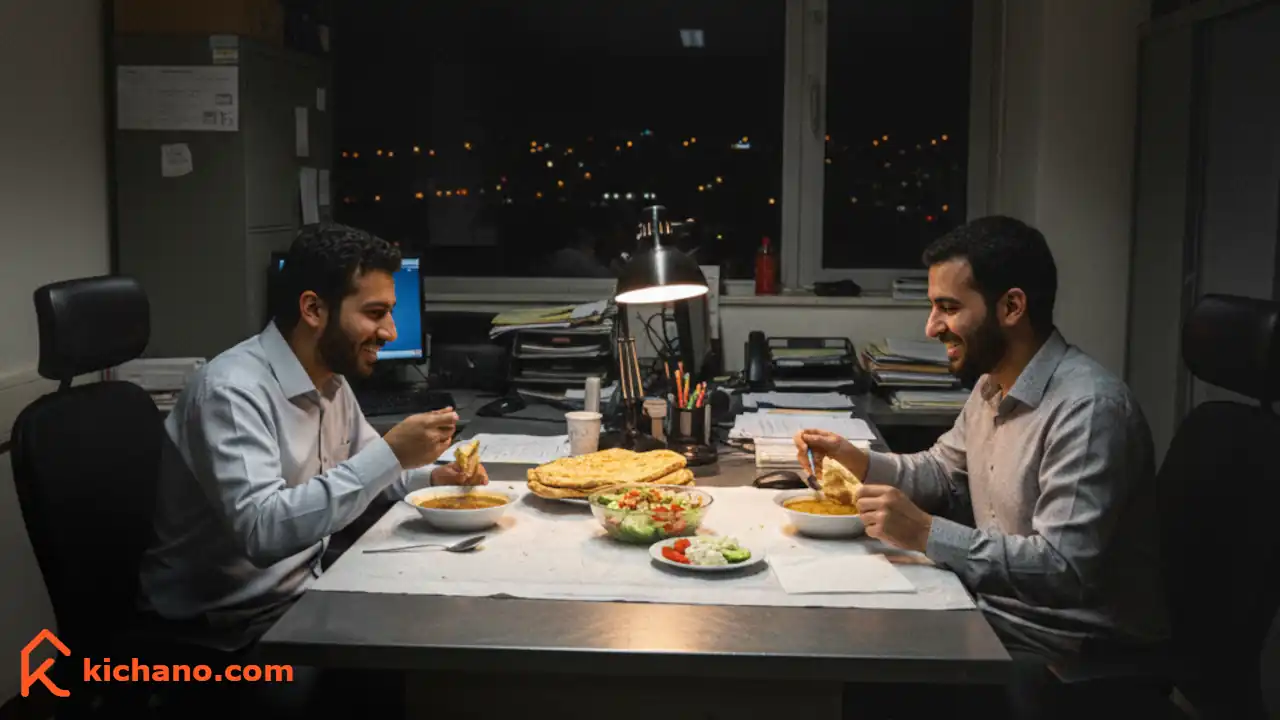 دو دوست ایرانی در یک اداره مشغول خوردن یک غذای ساده برای شام بدون گوشت
