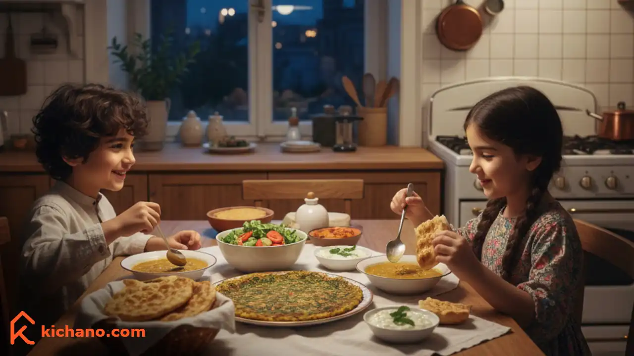 دو کودک ایرانی پشت میز غذاخوری در آشپزخانه مشغول خوردن غذای ساده برای شام بدون گوشت