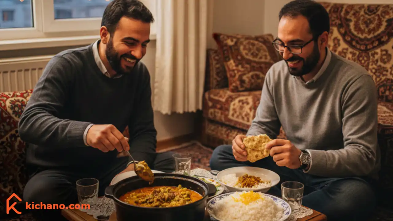 دو همکار ایرانی در حال خورن خورشت ساده برای شام