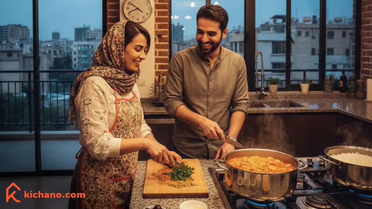 یک زن و شوهر ایرانی در حال درست کردن خورشت ساده برای شام